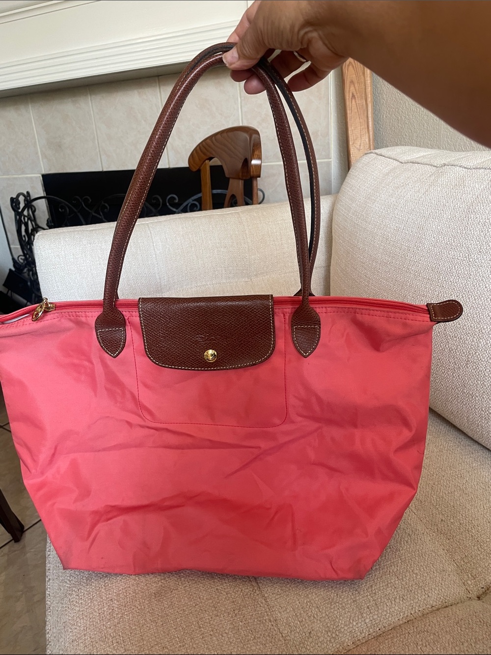 Longchamp Pink Nylon Tote with Brown Leather Trim